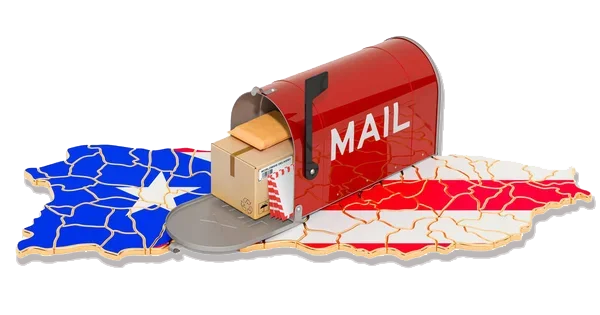 Sobre de correo sonriente decorado con elementos de Puerto Rico